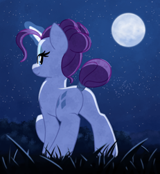 Size: 900x975 | Tagged: safe, artist:masserey, character:rarity, species:pony, species:unicorn, alternate hairstyle, bedroom eyes, butt, cute, female, full moon, glowing horn, hair bun, horn, looking at you, looking back, looking back at you, mare, moon, night, plot, raribetes, rear view, rearity, sky, solo, starry night, stars, tail bun, tail wrap