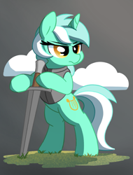 Size: 1075x1415 | Tagged: safe, artist:masserey, character:lyra heartstrings, species:pony, species:unicorn, armor, bipedal, clothing, cloud, female, gray background, leaning on something, mare, serious, serious face, simple background, solo, sword, weapon