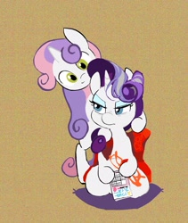 Size: 1731x2048 | Tagged: safe, artist:cottonbudfilly, character:rarity, character:sweetie belle, species:pony, species:unicorn, episode:the last problem, g4, my little pony: friendship is magic, blanket, book, brown background, cute, duo, female, mare, older, older rarity, older sweetie belle, rarity is not amused, rarity's glasses, siblings, simple background, sisters, sitting, unamused