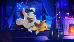 Size: 4000x2291 | Tagged: safe, artist:rish--loo, oc, oc only, oc:eternal light, oc:kalli, species:alicorn, species:griffon, species:pony, alicorn oc, bed, bedroom, blue eyes, book, candle, cloud, fire, fireplace, full moon, griffon oc, heart, horn, lights, looking at each other, moon, night, pillow, plant pot, ponytail, smiling, stars, two colour hair, wings