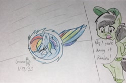 Size: 2316x1536 | Tagged: safe, artist:gmangamer25, character:rainbow dash, oc, oc:gamer blitz, species:pegasus, species:pony, ball, dialogue, eyes closed, female, gritted teeth, male, mare, motion lines, rainball, rolling, sonic the hedgehog (series), spin dash, stallion, traditional art