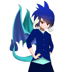 Size: 2361x2385 | Tagged: safe, artist:drakesparkle44, character:princess ember, species:human, female, hands on hip, high res, horn, horned humanization, humanized, simple background, solo, tailed humanization, transparent background, winged humanization, wings