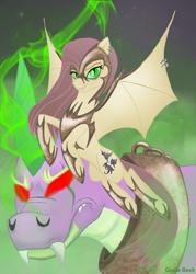 Size: 1000x1398 | Tagged: safe, artist:giuliabeck, character:fluttershy, character:nightmare fluttershy, character:spike, species:bat pony, species:dragon, species:pony, armor, collar, corrupted, duo, ear piercing, earring, fangs, female, flying, glowing eyes, jewelry, male, mare, nightmarified, piercing, red eyes, slit eyes, wing piercing