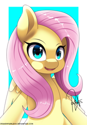 Size: 1118x1596 | Tagged: safe, artist:drakesparkle44, character:fluttershy, species:pegasus, species:pony, abstract background, bust, cute, female, looking at you, mare, open mouth, shyabetes, solo
