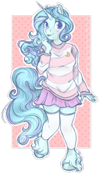 Size: 1920x3360 | Tagged: safe, artist:acry-artwork, oc, oc only, oc:winter doodle, species:anthro, species:pony, species:unguligrade anthro, species:unicorn, abstract background, anthro oc, blushing, clothing, cute, female, heart eyes, leg warmers, mare, miniskirt, moe, outline, skirt, solo, sweater, unshorn fetlocks, white outline, wingding eyes