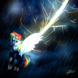 Size: 2000x2000 | Tagged: safe, artist:wolfchen999, character:rainbow dash, character:zapp, species:pegasus, species:pony, episode:power ponies, g4, my little pony: friendship is magic, badass, epic, female, flying, lightning, mare, rain, solo, spread wings, storm, wings
