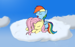 Size: 1728x1080 | Tagged: safe, artist:hydrusbeta, character:fluttershy, character:rainbow dash, species:pegasus, species:pony, ship:flutterdash, cloud, cute, dashabetes, eyes closed, female, folded wings, lesbian, mare, nap, on a cloud, prone, shipping, shyabetes, sitting, sitting on a cloud, sky, sleeping, sleeping on a cloud, wings, yawn
