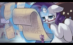 Size: 1280x800 | Tagged: safe, artist:yunlongchen, character:rarity, species:pony, species:unicorn, ear fluff, female, floppy ears, glasses, glasses rarity, lidded eyes, magic, mannequin, mare, paper, rarity's glasses, scroll, solo, telekinesis