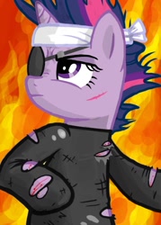 Size: 480x670 | Tagged: safe, artist:majorfreddy, artist:wisdom-thumbs, character:twilight sparkle, species:pony, species:unicorn, clothing, escape from new york, eyepatch, female, fire, future twilight, hooves, horn, mare, parody, ripping clothes, solid sparkle, solo