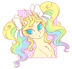 Size: 1920x1851 | Tagged: safe, artist:acry-artwork, oc, oc only, oc:acry weaver, species:pony, species:unicorn, bow, curved horn, hair bow, horn, pigtails, solo, twintails