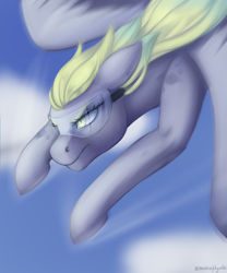 Size: 2500x3000 | Tagged: safe, artist:jessicanyuchi, character:derpy hooves, species:pegasus, species:pony, cloud, female, floppy ears, flying, goggles, mare, signature, solo, spread wings, wings