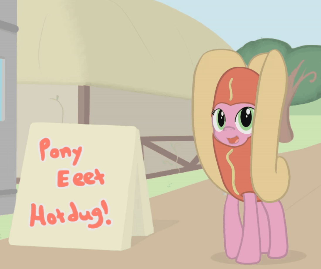 Size: 1095x918 | Tagged: safe, artist:fimflamfilosophy, oc, oc only, species:pony, animated, bouncing, clothing, costume, cute, dancing, female, food, food costume, gif, happy, headbob, hot dog, hot dog costume, implied ponies eating meat, looking at you, mare, meat, mentally advanced series, ocbetes, open mouth, raised hoof, sausage, smiling, solo, stomping, trotting, trotting in place