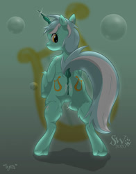 Size: 943x1200 | Tagged: safe, artist:sherwood, character:lyra heartstrings, species:pony, species:unicorn, both cutie marks, butt, dock, featureless crotch, female, looking at you, looking back, lyre, mare, musical instrument, nudity, plot, rear view, solo