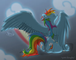 Size: 1200x943 | Tagged: safe, artist:sherwood, character:rainbow dash, species:pegasus, species:pony, alternate design, both cutie marks, butt, dappled, dock, ear fluff, eyes closed, featureless crotch, female, mare, plot, solo