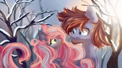 Size: 1264x713 | Tagged: safe, artist:melloncollie-chan, oc, oc:mitra, oc:shadow sky, species:bat pony, species:earth pony, species:pony, big hair, couple, cute, love, mlem, silly, snow, tongue out, tree, winter