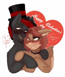 Size: 1814x2160 | Tagged: safe, artist:twisoft, oc, oc only, oc:qwerrtit, oc:varan, species:earth pony, species:pegasus, species:pony, blushing, choker, clothing, cute, dialogue, female, hat, holiday, hug, love, male, one eye closed, simple background, smiling, straight, valentine, valentine's day, valentine's day card
