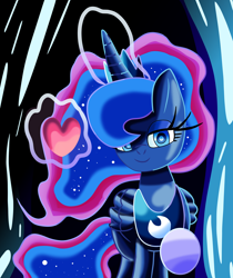 Size: 2580x3075 | Tagged: safe, artist:superhypersonic2000, character:princess luna, species:alicorn, species:pony, episode:hearts and hooves day, g4, my little pony: friendship is magic, abstract background, cute, female, glowing horn, heart, holiday, horn, lidded eyes, looking at you, lunabetes, magic, raised hoof, smiling, solo, telekinesis, valentine's day