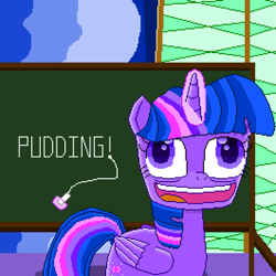 Size: 2449x2449 | Tagged: safe, artist:superhypersonic2000, character:twilight sparkle, character:twilight sparkle (alicorn), species:alicorn, species:pony, episode:best gift ever, g4, my little pony: friendship is magic, chalkboard, faec, female, pixel art, pudding face, solo