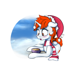 Size: 900x900 | Tagged: safe, artist:blastdown, oc, oc only, oc:karma, species:pony, species:unicorn, chocolate, christmas, clothing, female, food, hat, holiday, hot chocolate, mare, on side, ponified, reddit, santa hat, scarf, simple background, transparent background, upvote, winter