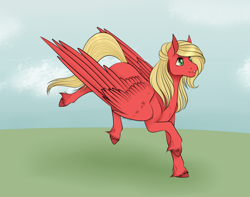 Size: 640x504 | Tagged: safe, artist:caff, oc, species:pegasus, species:pony, female, happy, red, simple background, wings