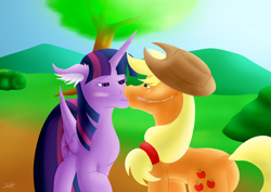 Size: 1920x1358 | Tagged: safe, artist:thebenalpha, character:applejack, character:twilight sparkle, character:twilight sparkle (alicorn), species:alicorn, species:pony, ship:twijack, blushing, female, kissing, lesbian, request, shipping, tree