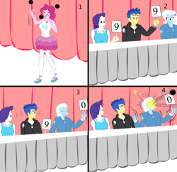 Size: 1114x1080 | Tagged: safe, artist:lzh, derpibooru original, character:flash sentry, character:pinkie pie, character:rarity, character:trixie, old master q, my little pony:equestria girls, ball, hit, judges, protest, show, table
