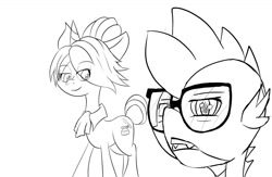 Size: 1280x832 | Tagged: safe, artist:techgear, character:raven inkwell, character:spike, species:dragon, species:pony, species:unicorn, ship:ravenspike, ascot, black and white, cute, duo, female, glasses, glasses off, grayscale, hair bun, interspecies, male, mare, monochrome, secretary, shipping, straight