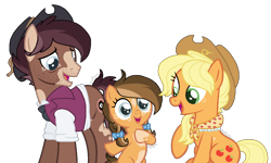 Size: 1224x734 | Tagged: safe, artist:zafara1222, base used, character:applejack, oc, oc:clementine, oc:deadeye, parent:oc:deadeye, parents:canon x oc, species:pony, alternate hairstyle, bow, braid, canon x oc, clothing, coat markings, cowboy hat, female, filly, freckles, granny smith's shawl, hair bow, hat, offspring, pinto, scarf, shirt, simple background, stubble, transparent background, vest
