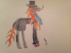 Size: 2592x1936 | Tagged: safe, artist:makarosc, oc, oc only, oc:scorch ember, species:dragon, species:longma, species:pony, cigarette, clothing, fire pony, hat, horns, hybrid, overcoat, scarf, top hat, traditional art