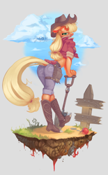 Size: 1440x2316 | Tagged: safe, artist:spaboofy, character:applejack, species:anthro, species:plantigrade anthro, apple, boots, breasts, busty applejack, cloud, cowboy boots, dirt cube, female, fence, food, front knot midriff, midriff, shoes, shovel, sky, solo