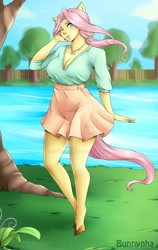 Size: 1024x1622 | Tagged: safe, artist:bunnynha, character:fluttershy, species:anthro, species:unguligrade anthro, breasts, busty fluttershy, cleavage, clothing, female, human facial structure, jewelry, lake, necklace, obtrusive watermark, solo, tree, watermark