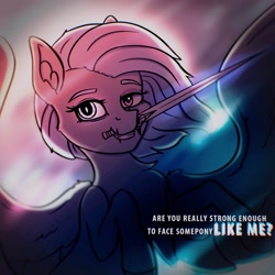 Size: 1920x1920 | Tagged: safe, artist:silverst, oc, oc only, oc:silver dust, species:pony, demonic, female, light blue hair, mare, mouth hold, pegasus oc, purple eyes, redraw, solo, sword, weapon, wings