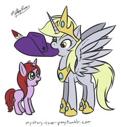 Size: 974x1024 | Tagged: safe, artist:mysteryrose, character:derpy hooves, species:alicorn, species:pony, species:unicorn, 30 minute art challenge, alicornified, clothing, derpicorn, filly, hat, muffin queen, race swap, wings