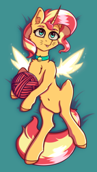 Size: 1008x1776 | Tagged: safe, artist:silverst, character:sunset shimmer, species:alicorn, species:pony, species:unicorn, alicornified, behaving like a cat, bell, bell collar, belly button, body pillow, cat bell, chest fluff, collar, cute, female, fiery shimmer, fiery wings, mare, nyanset shimmer, race swap, shimmerbetes, shimmercorn, solo, tongue out, whiskers, wings, yarn, yarn ball
