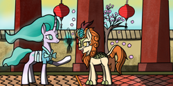 Size: 3500x1755 | Tagged: safe, artist:nguyendeliriam, character:autumn blaze, character:mistmane, species:kirin, species:pony, species:unicorn, chinese dress, curved horn, horn, present