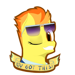 Size: 1500x1500 | Tagged: safe, artist:shoophoerse, character:spitfire, species:pegasus, species:pony, banner, clothing, female, grin, looking at you, motivational, one eye closed, outline, simple background, smiling, smiling at you, solo, sunglasses, text, uniform, white background, wink, winking at you, wonderbolts dress uniform, you got this