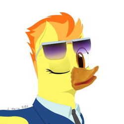 Size: 1500x1500 | Tagged: safe, artist:shoophoerse, edit, character:spitfire, species:bird, species:duck, species:pegasus, species:pony, clothing, duck bill, duck pony, female, looking at you, one eye closed, quackfire, signature, simple background, solo, sunglasses, uniform, white background, wink, winking at you, wonderbolts dress uniform