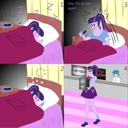 Size: 2000x2000 | Tagged: safe, artist:lzh, derpibooru original, character:dj pon-3, character:twilight sparkle, character:twilight sparkle (scitwi), character:vinyl scratch, species:eqg human, old master q, my little pony:equestria girls, bed, clock, comic, female, killing floor, pillow, quilt, sleeping, table, wake up