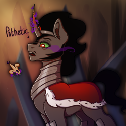 Size: 1080x1080 | Tagged: safe, artist:silverst, character:king sombra, species:pony, species:umbrum, species:unicorn, alternate universe, armor, cloak, clothing, crown, crystal, dialogue, jewelry, male, pathetic, regalia, royalty, solo, stallion