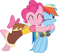 Size: 4557x4082 | Tagged: safe, artist:waranto, character:pinkie pie, character:rainbow dash, species:earth pony, species:pegasus, species:pony, ship:pinkiedash, episode:hearth's warming eve, g4, my little pony: friendship is magic, absurd resolution, chancellor puddinghead, commander hurricane, costume, female, hug, lesbian, mare, shipping, simple background, smiling, transparent background, vector