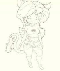 Size: 3441x4096 | Tagged: safe, artist:greed, character:sunset shimmer, species:human, my little pony:equestria girls, breasts, busty sunset shimmer, clothing, digital art, female, kneesocks, leonine tail, lineart, monochrome, pony ears, shorts, socks, solo, tail