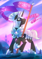 Size: 1200x1697 | Tagged: safe, artist:seanica, oc, oc only, oc:valorheart, species:pony, species:unicorn, armor, crystal armor, crystal guard, crystal guard armor, flag, solo