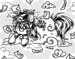 Size: 1400x1100 | Tagged: safe, artist:madkadd, character:derpy hooves, species:pegasus, species:pony, circling stars, clothing, cloud, dizzy, female, grayscale, hat, letter, mailmare, mailmare hat, mailmare uniform, monochrome, solo, stuck