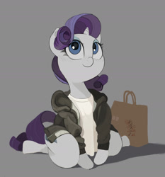 Size: 1437x1539 | Tagged: safe, artist:cottonbudfilly, character:rarity, species:pony, species:unicorn, clothing, female, jacket, kneeling, mare, shopping bags, smiling, vest