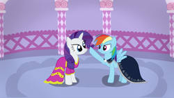 Size: 1920x1080 | Tagged: safe, artist:kazamacat, character:rainbow dash, character:rarity, species:pegasus, species:pony, species:unicorn, fanfic:the master mev, carousel boutique, clothing, dress, fanfic art, female, rainbow dash always dresses in style, shipping, show accurate, smiling