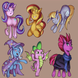 Size: 6400x6400 | Tagged: safe, artist:kenisu-of-dragons, character:derpy hooves, character:fizzlepop berrytwist, character:spike, character:starlight glimmer, character:sunset shimmer, character:tempest shadow, character:trixie, species:dragon, species:pegasus, species:pony, species:unicorn, episode:the ending of the end, g4, my little pony: friendship is magic, cape, clothing, derp, eyes closed, flexing, hat, line-up, pose, rearing, scarf, simple background, trixie's cape, trixie's hat, winged spike