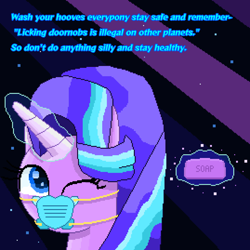 Size: 3766x3766 | Tagged: safe, artist:superhypersonic2000, character:starlight glimmer, species:pony, species:unicorn, coronavirus, covid-19, dialogue, female, glowing horn, horn, magic, mask, one eye closed, pixel art, soap, solo, telekinesis, wink
