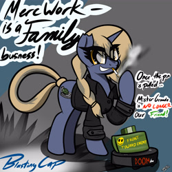 Size: 6500x6500 | Tagged: source needed, safe, artist:flywheel, oc, oc:blasting cap, species:pony, species:unicorn, claymore, clothing, jacket, roomba, simple background, smoking, solo