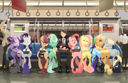 Size: 4045x2638 | Tagged: safe, artist:cottonbudfilly, character:applejack, character:derpy hooves, character:fluttershy, character:lyra heartstrings, character:moondancer, character:pinkie pie, character:rainbow dash, character:rarity, character:twilight sparkle, species:alicorn, species:earth pony, species:human, species:pegasus, species:pony, species:unicorn, backpack, brony, eyes closed, female, male, mane six, mare, open mouth, sleeping, subway trains