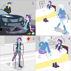 Size: 2000x2000 | Tagged: safe, artist:lzh, derpibooru original, character:flash sentry, character:starlight glimmer, character:trixie, old master q, my little pony:equestria girls, bed, cane, car, cast, comic, crutches, female, hospital, sitting
